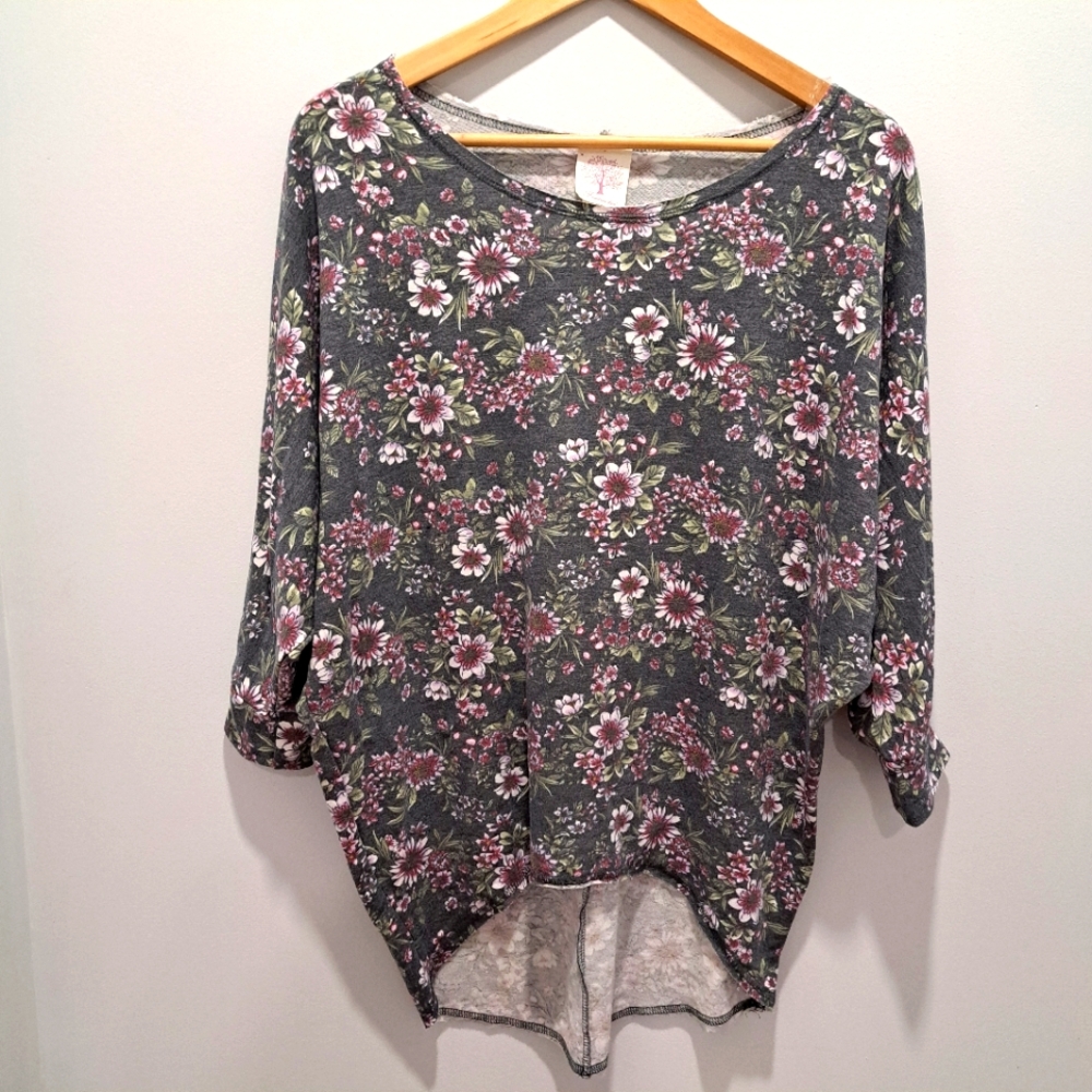 Freeloader 3/4 Sleeve Gray Floral Cottagecore Cozycore French Terry Top Womens S